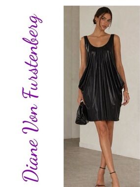 Diane Von Furstenberg Black Sleeveless Shiny Scoop Neck Dress